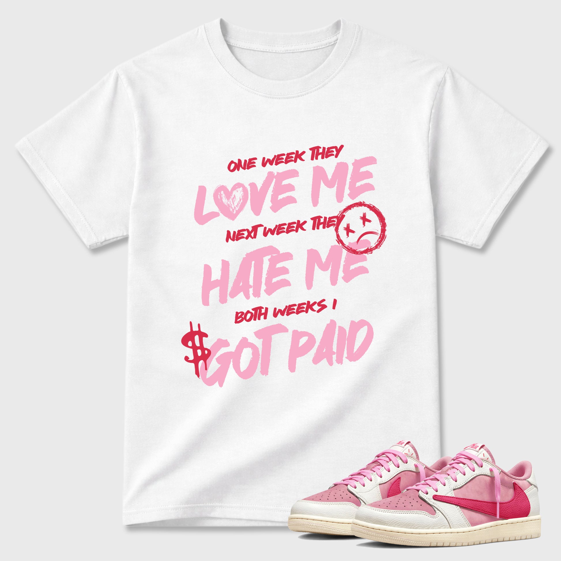 Perfect Sneakerhead Fashion Outfits – Sneaker Tees To Match Air Jordan 1 Low OG x Travis Scott Tropical Pink Shoes – I Got Paid Graphic Tee White 1