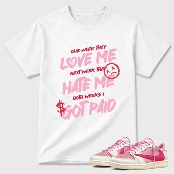 Perfect Sneakerhead Fashion Outfits – Sneaker Tees To Match Air Jordan 1 Low OG x Travis Scott Tropical Pink Shoes – I Got Paid Graphic Tee White 1
