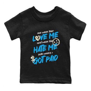 I Got Paid baby and kids t-shirt crafted for little sneakerheads to shine with the Air Jordan 1 UNC Reimagined sneakers, displayed in Black 2.