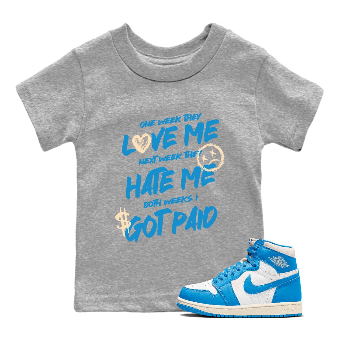 I Got Paid baby and kids t-shirt crafted for little sneakerheads to shine with the Air Jordan 1 UNC Reimagined sneakers, displayed in Heather Grey 1.