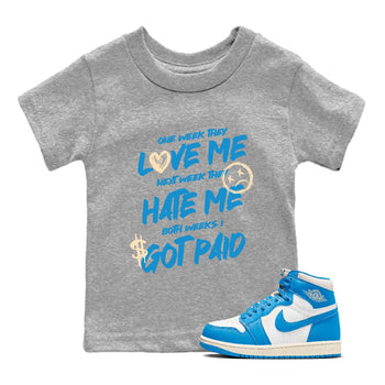 I Got Paid baby and kids t-shirt crafted for little sneakerheads to shine with the Air Jordan 1 UNC Reimagined sneakers, displayed in Heather Grey 1.