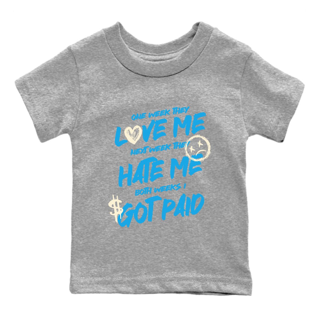 I Got Paid baby and kids t-shirt crafted for little sneakerheads to shine with the Air Jordan 1 UNC Reimagined sneakers, displayed in Heather Grey 2.