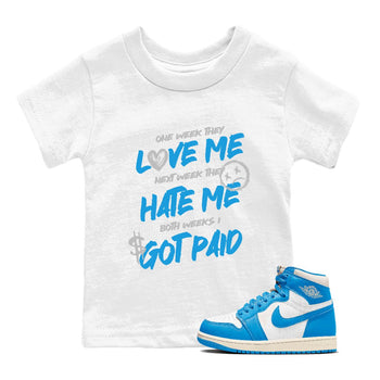 I Got Paid baby and kids t-shirt crafted for little sneakerheads to shine with the Air Jordan 1 UNC Reimagined sneakers, displayed in White 1.
