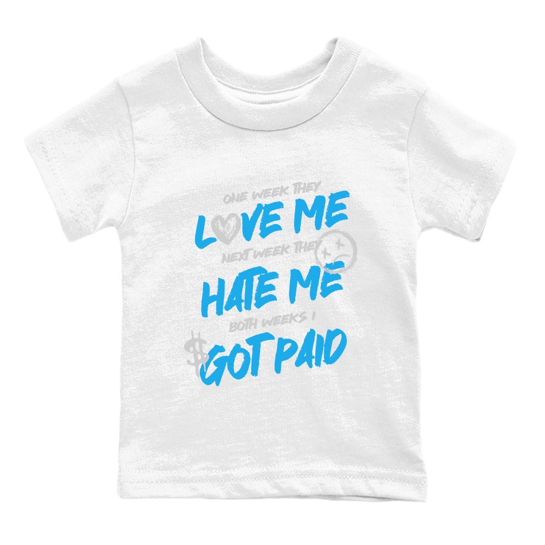 I Got Paid baby and kids t-shirt crafted for little sneakerheads to shine with the Air Jordan 1 UNC Reimagined sneakers, displayed in White 2.