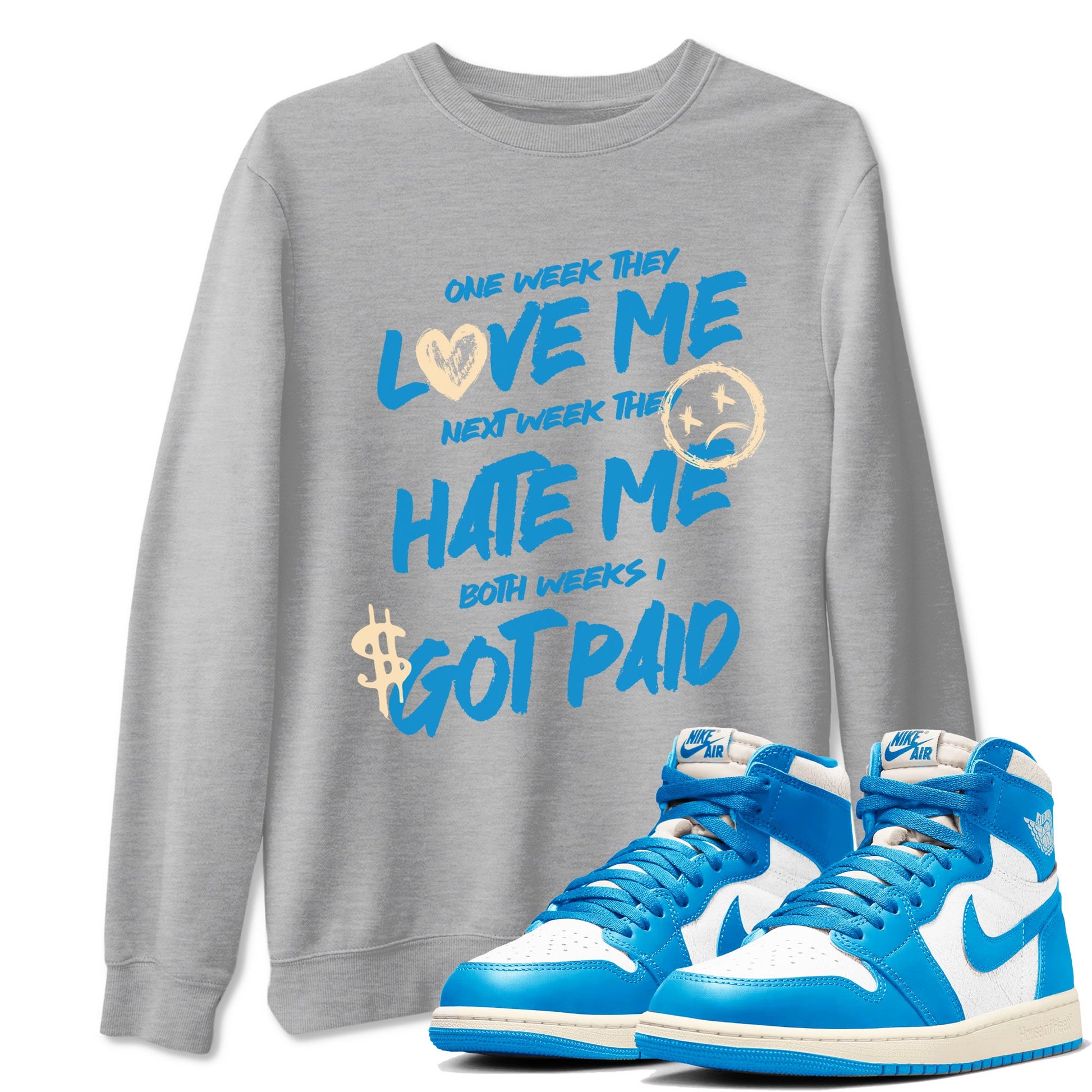 I Got Paid sneaker match t-shirt styled to complete your fit with the Air Jordan 1 UNC Reimagined sneakers, shown in Heather Grey 1.