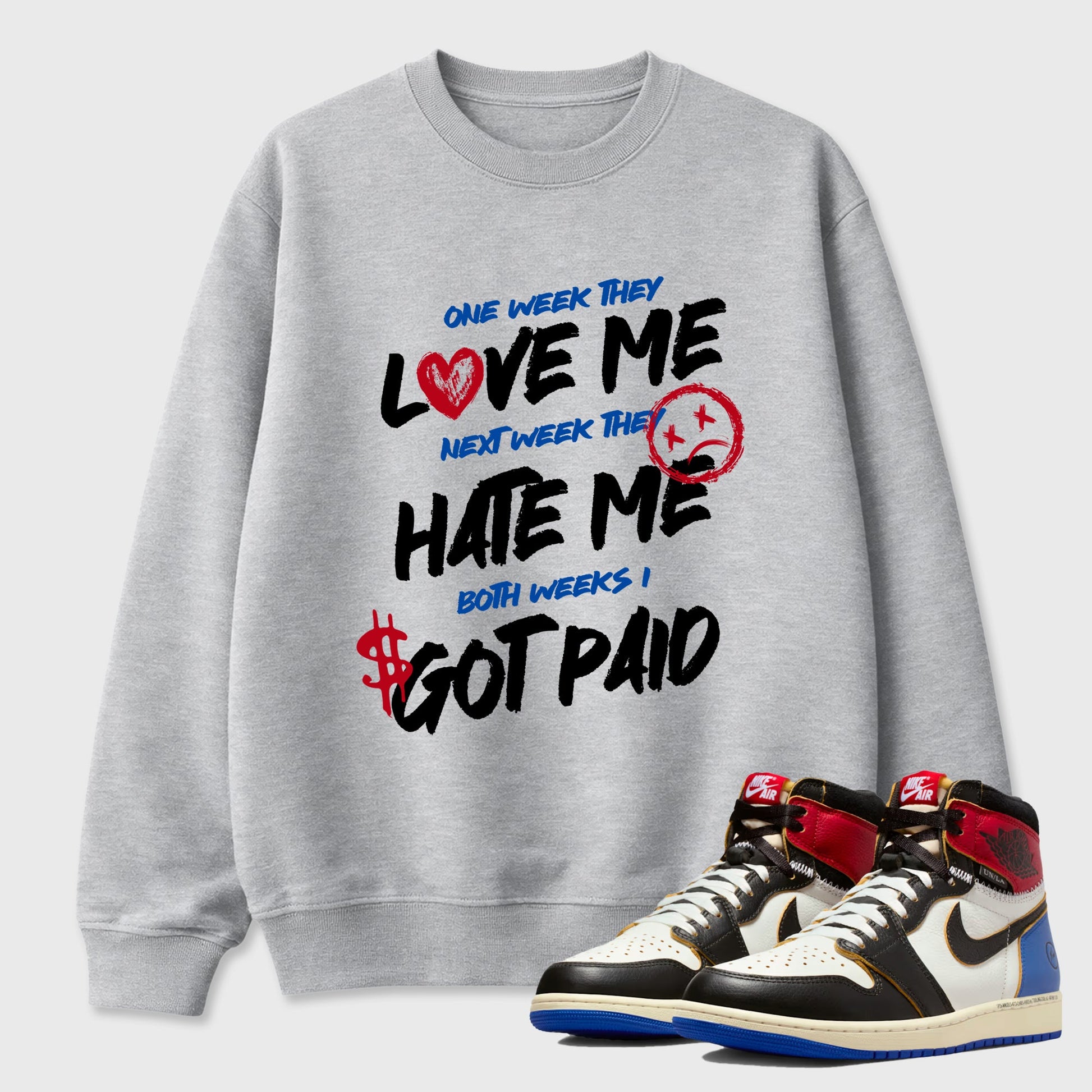 Sneaker match tees – Sneaker Tees To Match Air Jordan 1 Union x Fragment Shoes – I Got Paid Tee Heather Grey 1