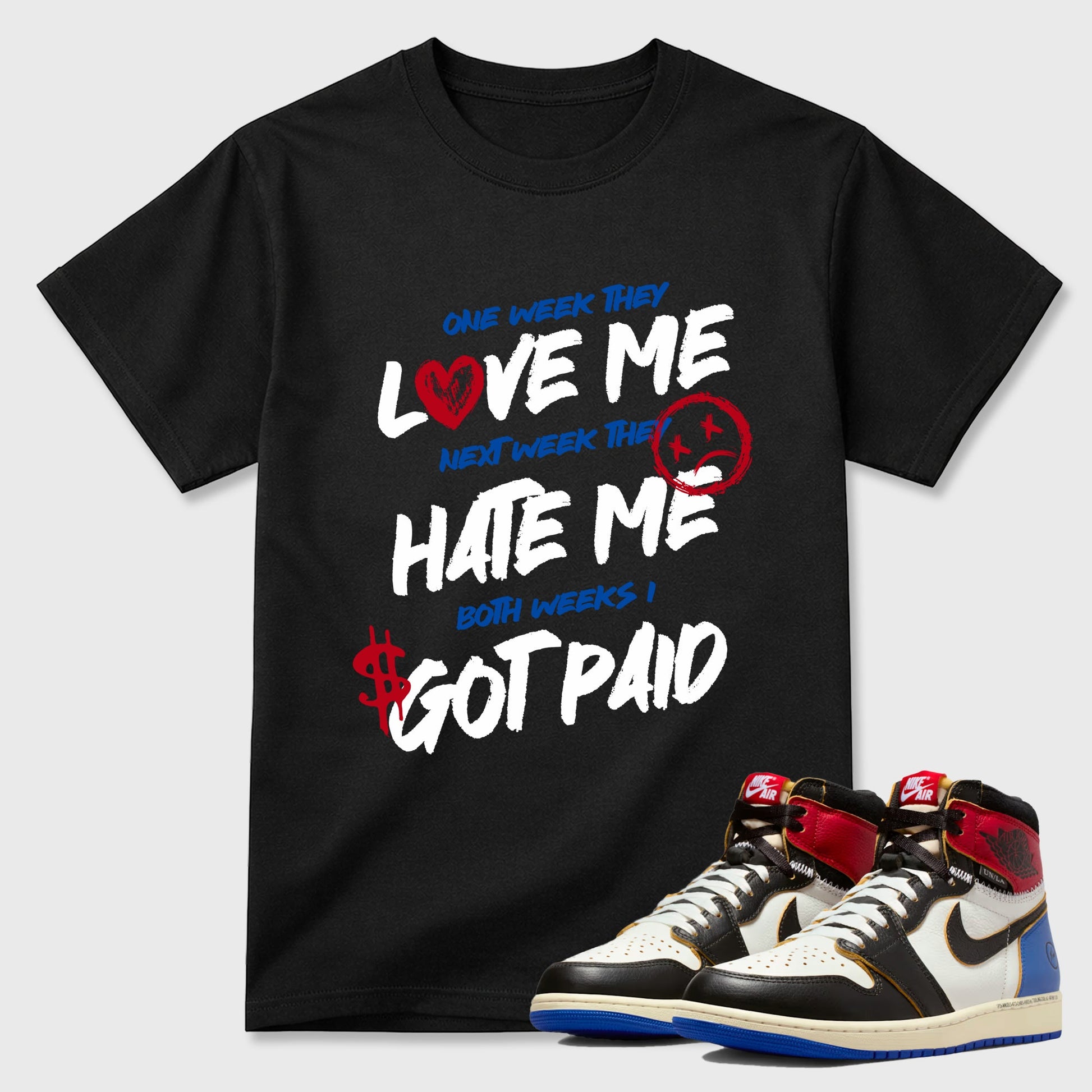 Sneaker match tees – Sneaker Tees To Match Air Jordan 1 Union x Fragment Shoes – I Got Paid Tee Black 1