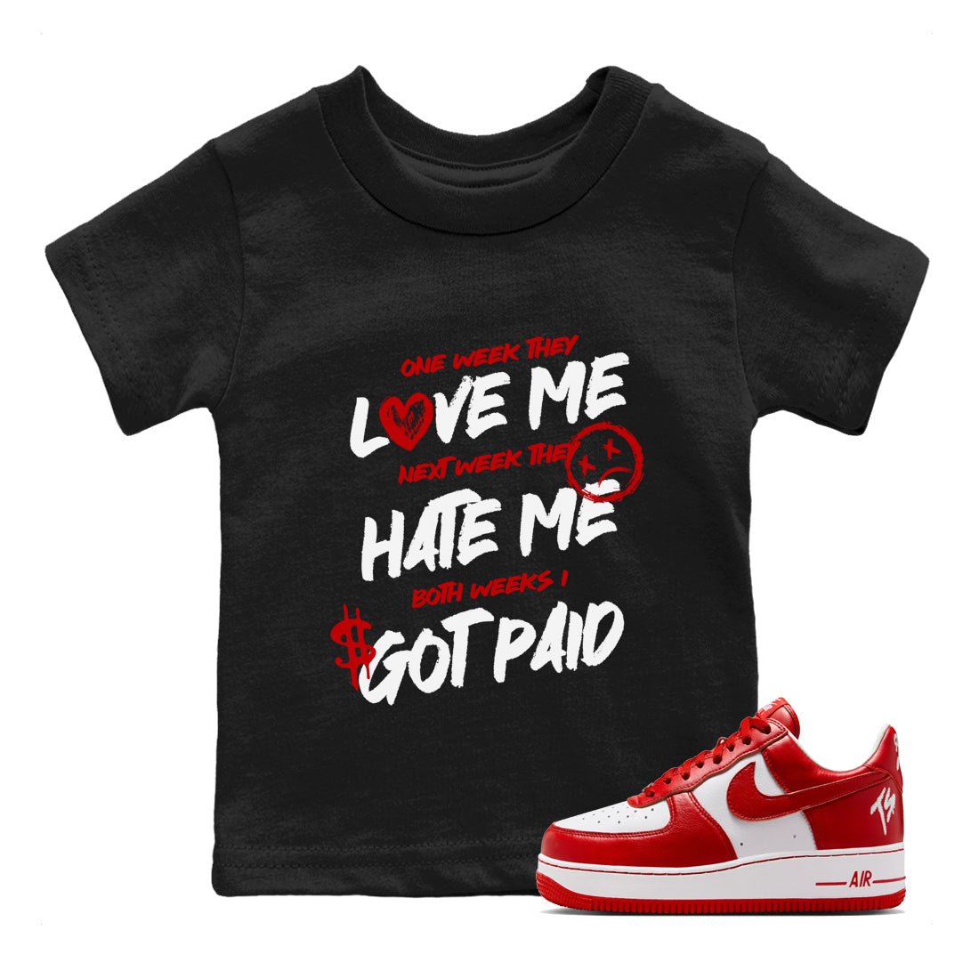 I Got Paid baby and kids t-shirt crafted for little sneakerheads to shine with the Air Jordan 1 University Red sneakers, displayed in Black 1.