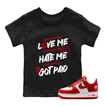 I Got Paid baby and kids t-shirt crafted for little sneakerheads to shine with the Air Jordan 1 University Red sneakers, displayed in Black 1.