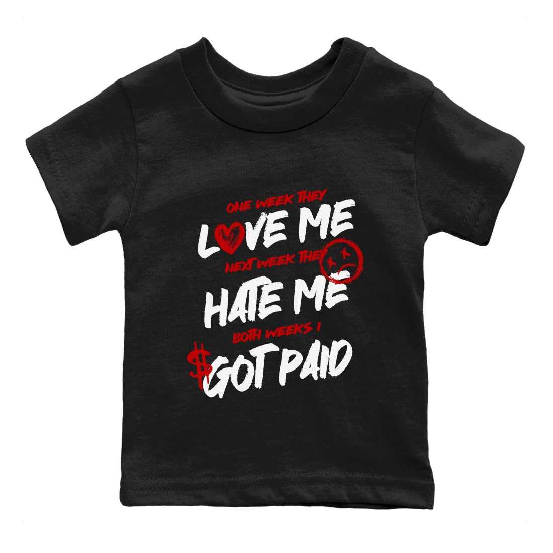 I Got Paid baby and kids t-shirt crafted for little sneakerheads to shine with the Air Jordan 1 University Red sneakers, displayed in Black 2.