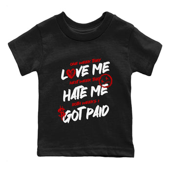 I Got Paid baby and kids t-shirt crafted for little sneakerheads to shine with the Air Jordan 1 University Red sneakers, displayed in Black 2.