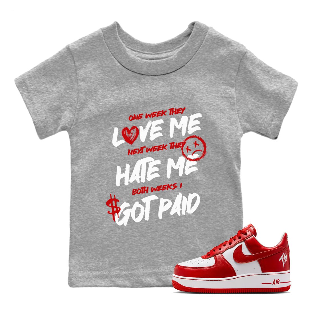 I Got Paid baby and kids t-shirt crafted for little sneakerheads to shine with the Air Jordan 1 University Red sneakers, displayed in Heather Grey 1.