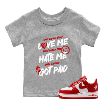 I Got Paid baby and kids t-shirt crafted for little sneakerheads to shine with the Air Jordan 1 University Red sneakers, displayed in Heather Grey 1.