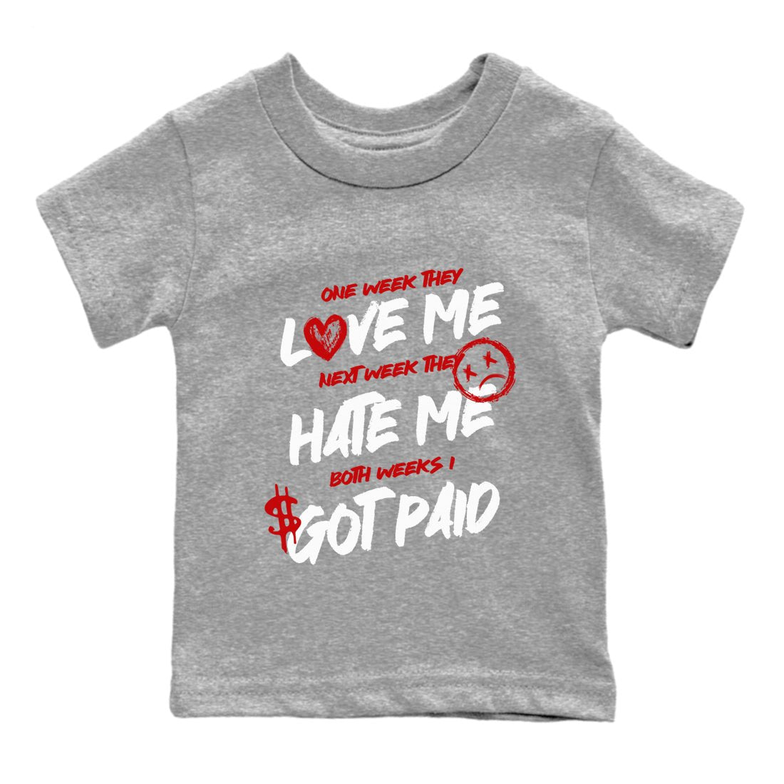 I Got Paid baby and kids t-shirt crafted for little sneakerheads to shine with the Air Jordan 1 University Red sneakers, displayed in Heather Grey 2.