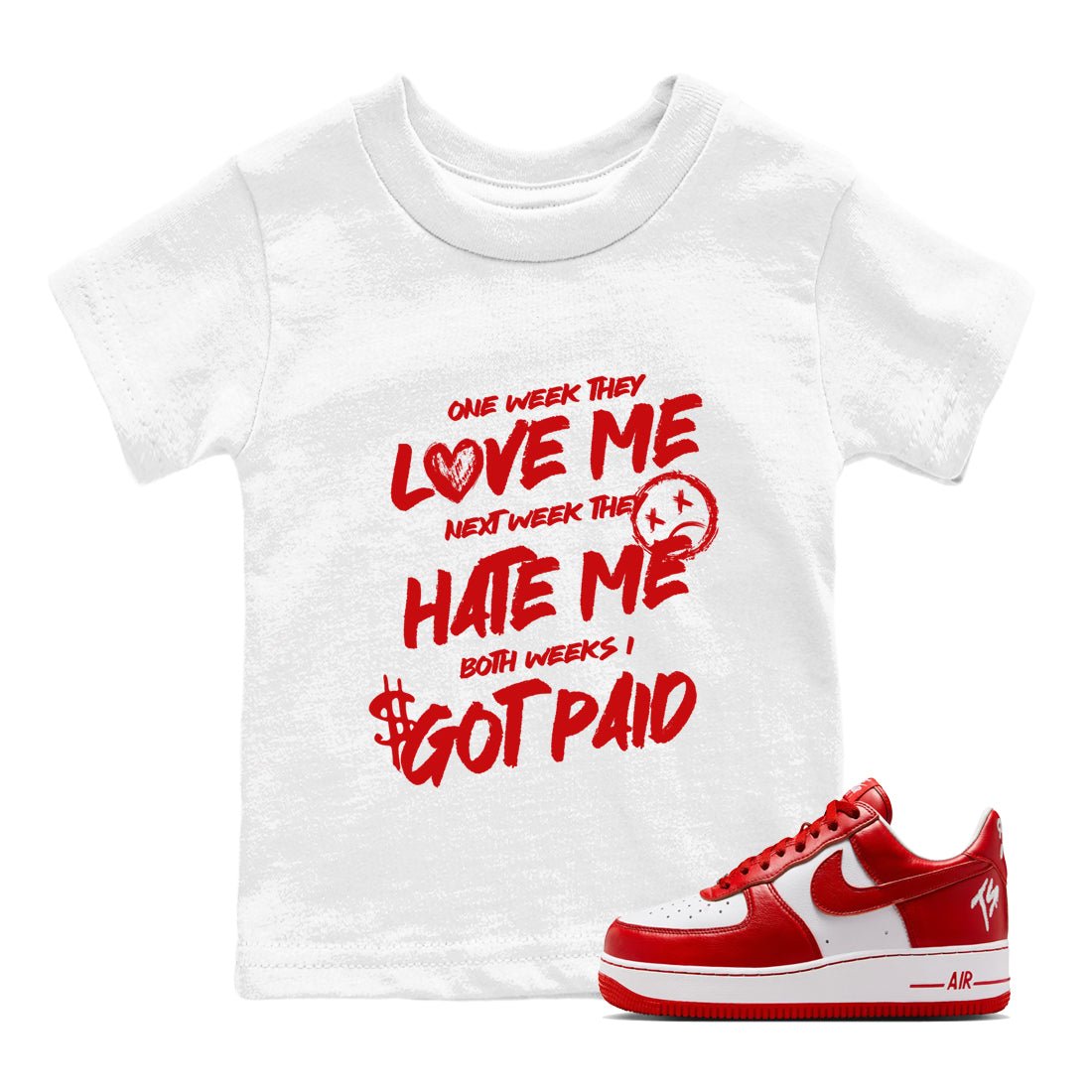 I Got Paid baby and kids t-shirt crafted for little sneakerheads to shine with the Air Jordan 1 University Red sneakers, displayed in White 1.