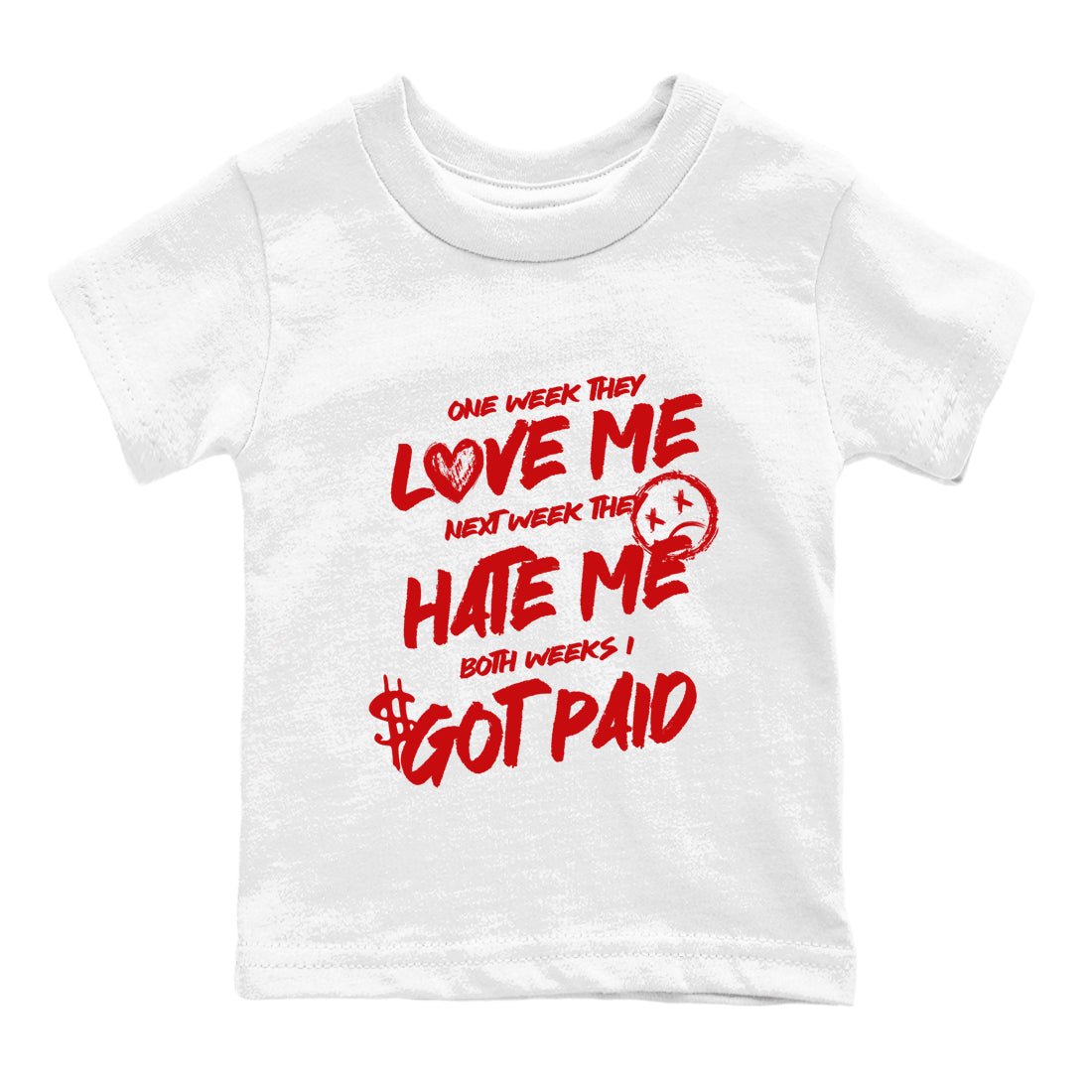 I Got Paid baby and kids t-shirt crafted for little sneakerheads to shine with the Air Jordan 1 University Red sneakers, displayed in White 2.