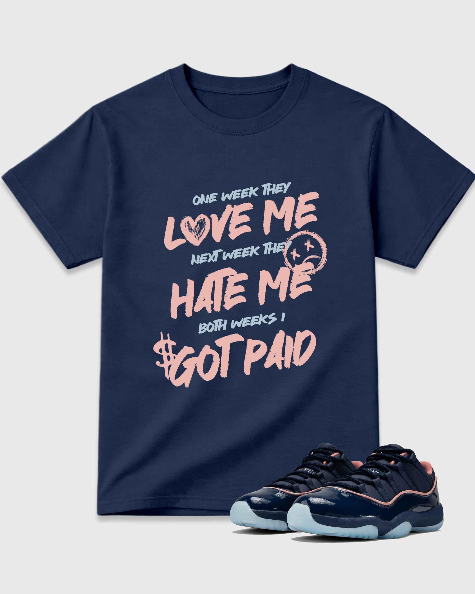 I Got Paid Graphic T-Shirt featuring original streetwear artwork designed to match the Air Jordan 11 Made For Locals. Navy 1 Graphic T-Shirt.