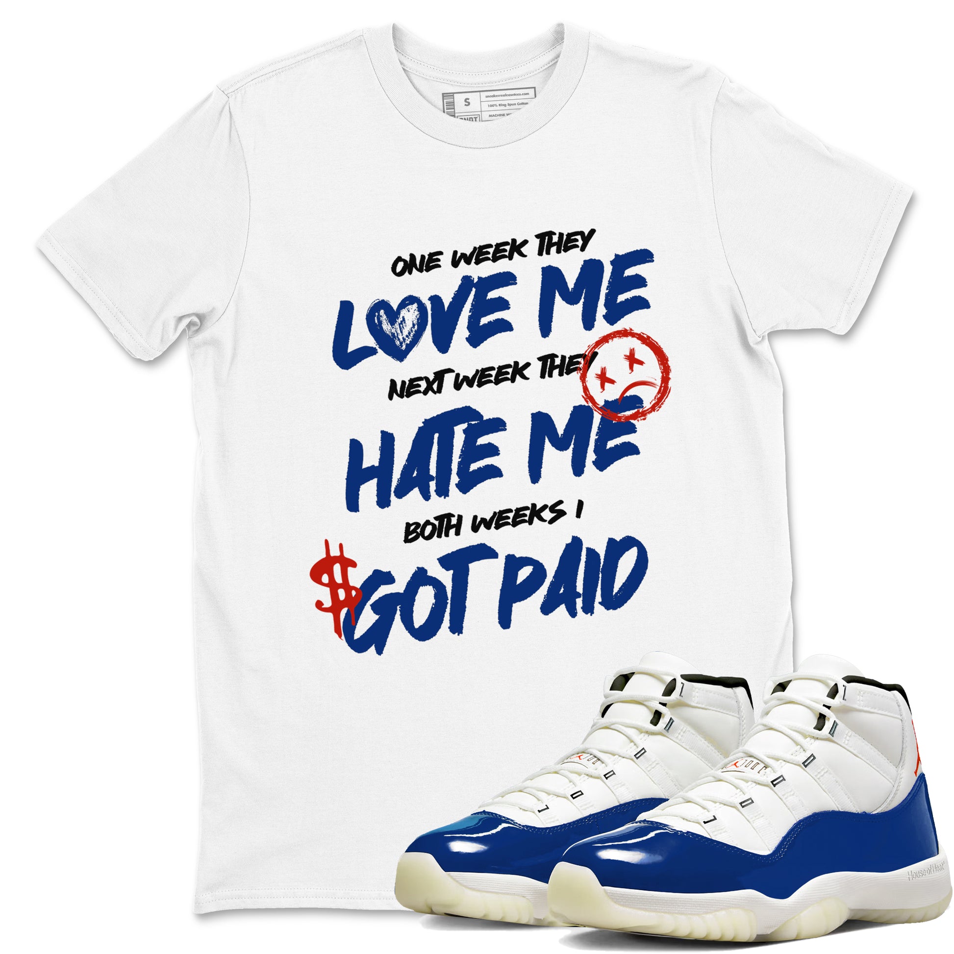 White t-shirt with humorous text design and a pair of blue and white sneakers.