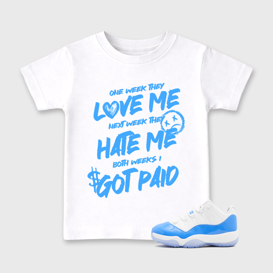 Sneaker match tees – Sneaker Tees To Match Air Jordan 11 University Blue Shoes – I Got Paid Kids T-Shirt White 1