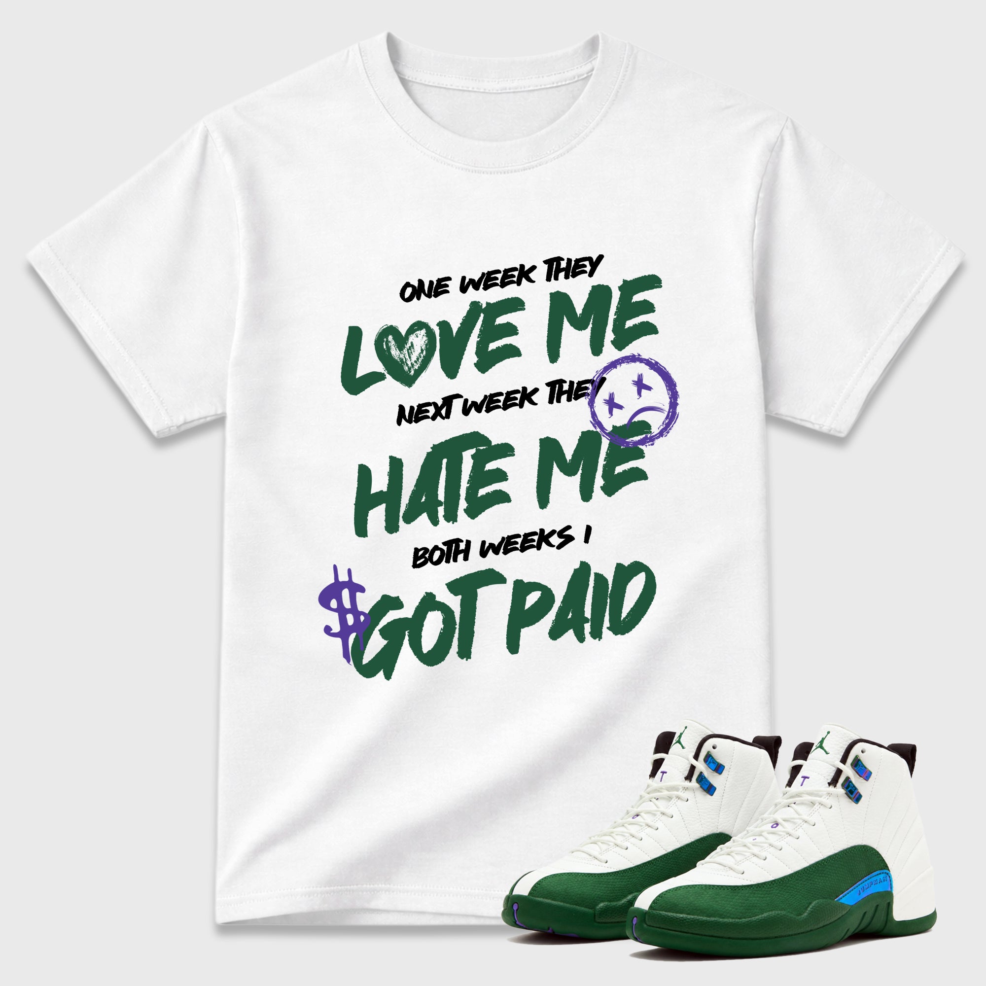 I Got Paid Graphic T-Shirt featuring original streetwear artwork designed to match the Air Jordan 12 Bucks. White 1 Graphic T-Shirt.