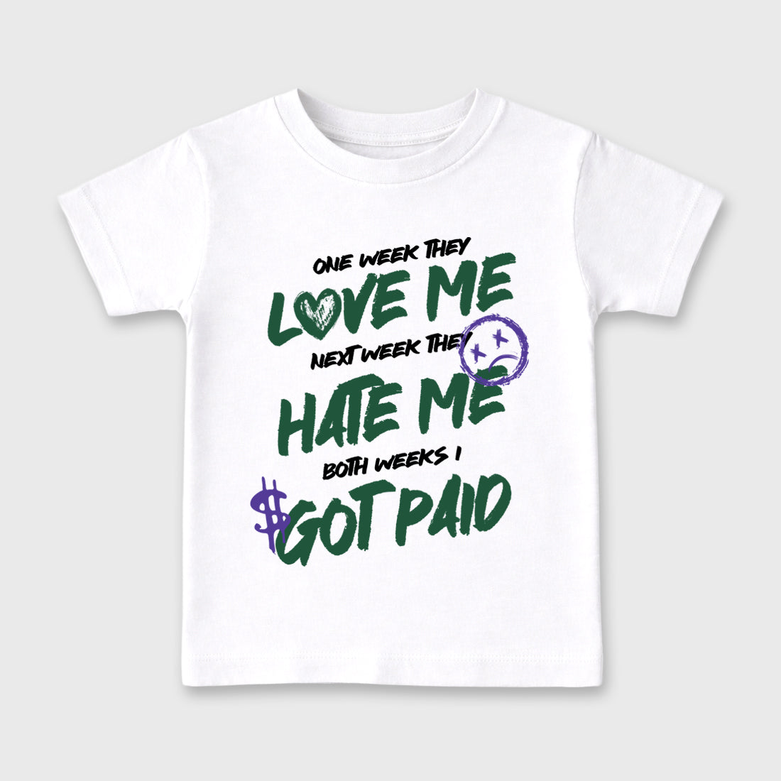 I Got Paid Baby & Kids Graphic T-Shirt featuring original artwork designed to match the Air Jordan 12 Bucks. White 2 Kids Graphic Tee.