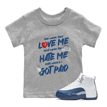 I Got Paid baby and kids t-shirt crafted for little sneakerheads to shine with the Air Jordan 12 French Blue sneakers, displayed in Heather Grey 1.
