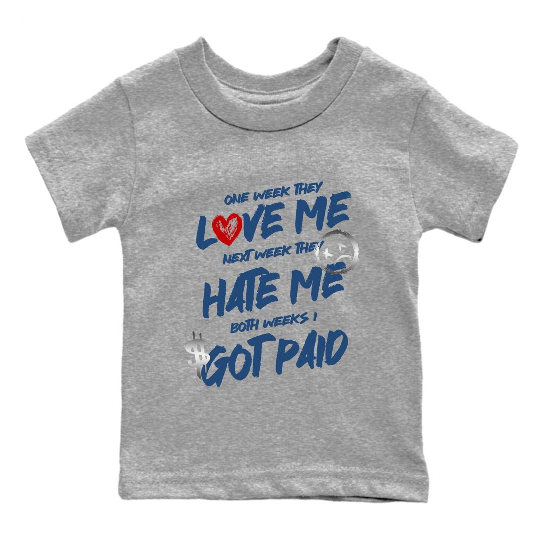 I Got Paid baby and kids t-shirt crafted for little sneakerheads to shine with the Air Jordan 12 French Blue sneakers, displayed in Heather Grey 2.