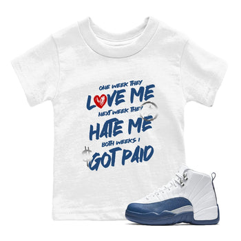 I Got Paid baby and kids t-shirt crafted for little sneakerheads to shine with the Air Jordan 12 French Blue sneakers, displayed in White 1.
