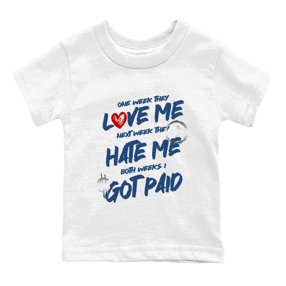 I Got Paid baby and kids t-shirt crafted for little sneakerheads to shine with the Air Jordan 12 French Blue sneakers, displayed in White 2.