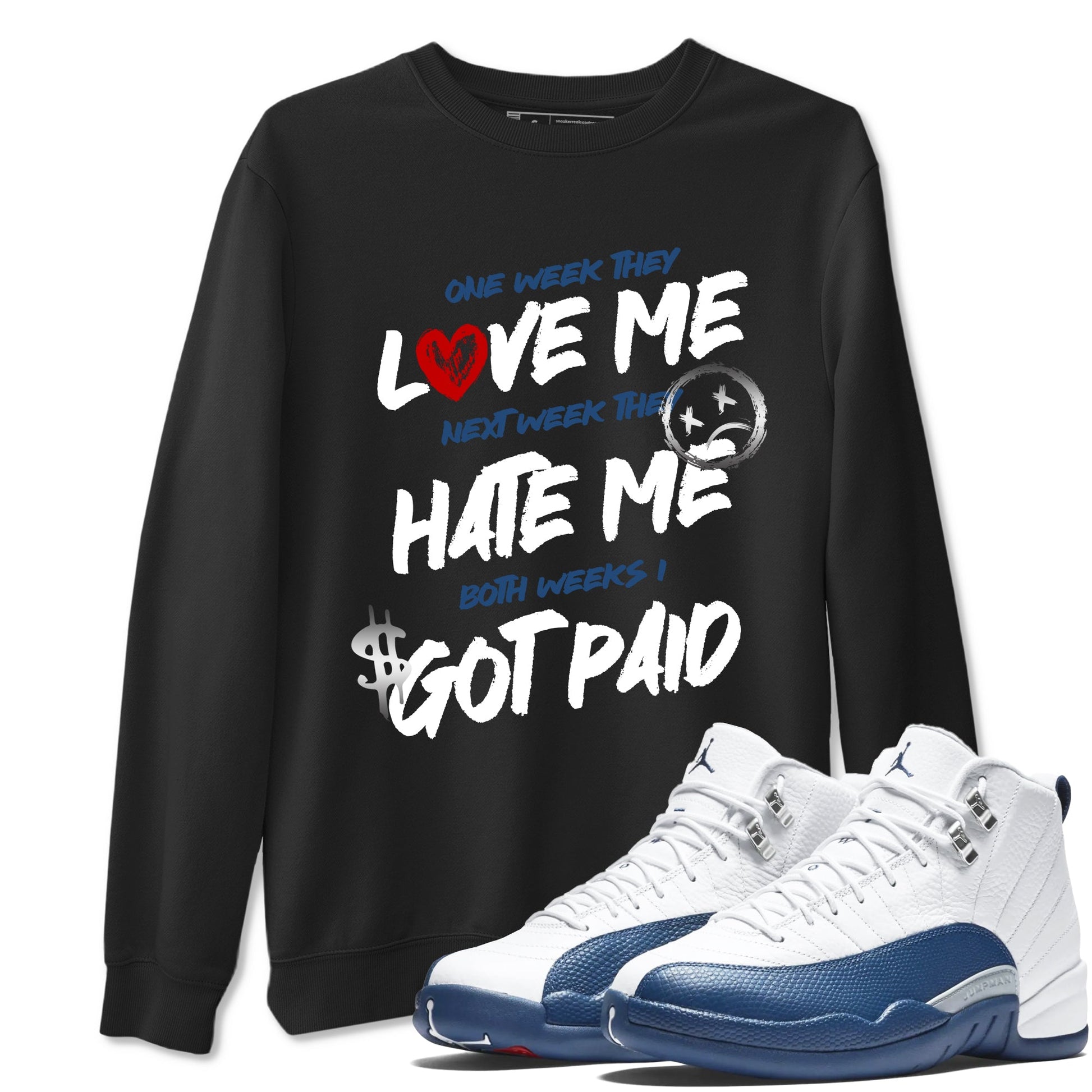 I Got Paid sneaker match t-shirt styled to complete your fit with the Air Jordan 12 French Blue sneakers, shown in Black 1.