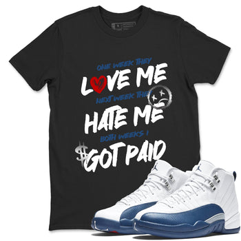 I Got Paid sneaker match t-shirt styled to complete your fit with the Air Jordan 12 French Blue sneakers, shown in Black 1.