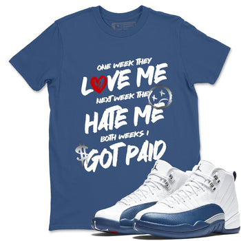 I Got Paid sneaker match t-shirt styled to complete your fit with the Air Jordan 12 French Blue sneakers, shown in Denim Blue 1.