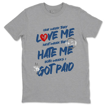 I Got Paid sneaker match t-shirt styled to complete your fit with the Air Jordan 12 French Blue sneakers, shown in Heather Grey 2.