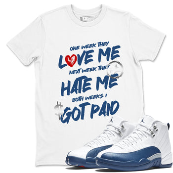 I Got Paid sneaker match t-shirt styled to complete your fit with the Air Jordan 12 French Blue sneakers, shown in White 1.