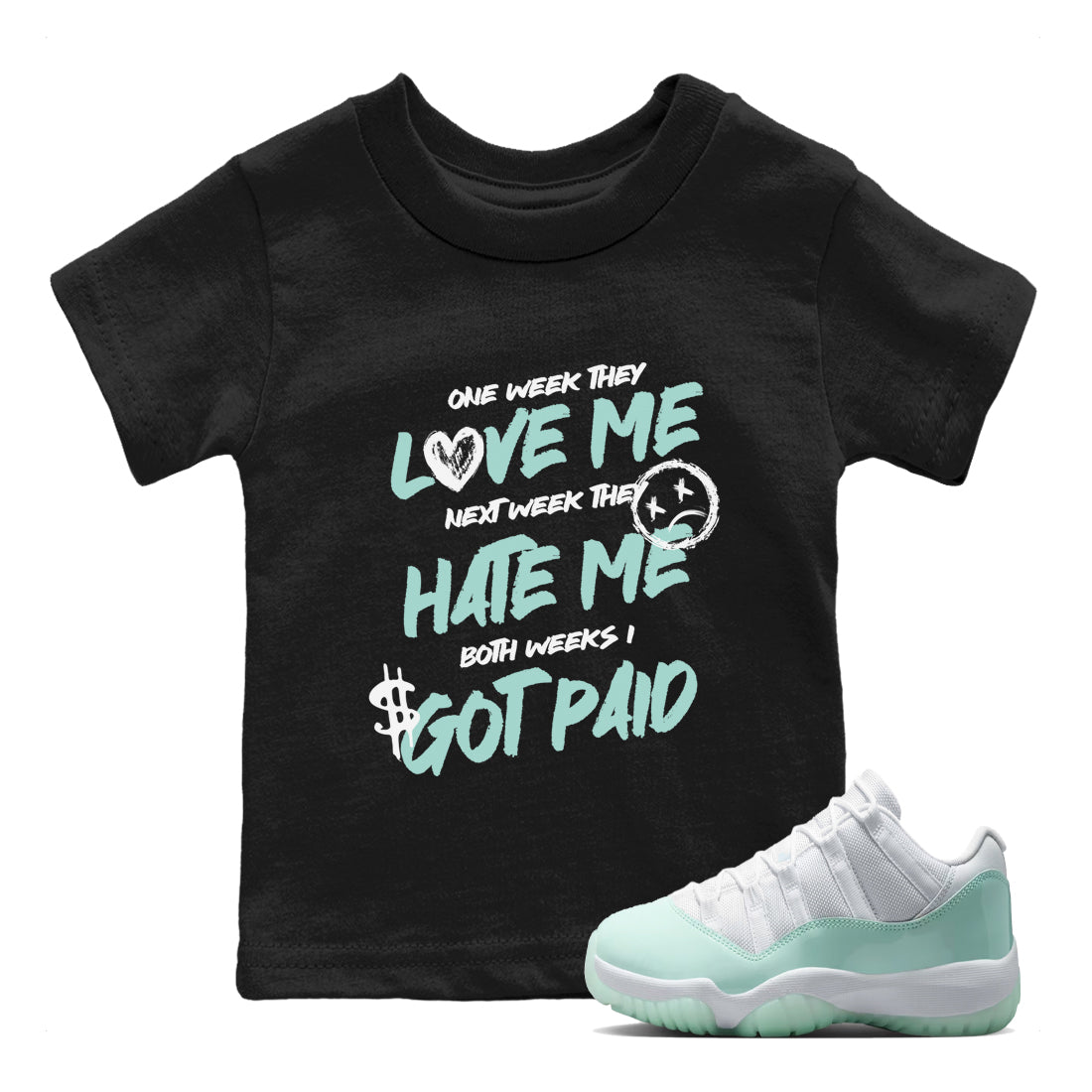 I Got Paid baby and kids t-shirt crafted for little sneakerheads to shine with the Air Jordan 12 Igloo sneakers, displayed in Black 1.