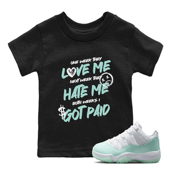 I Got Paid baby and kids t-shirt crafted for little sneakerheads to shine with the Air Jordan 12 Igloo sneakers, displayed in Black 1.