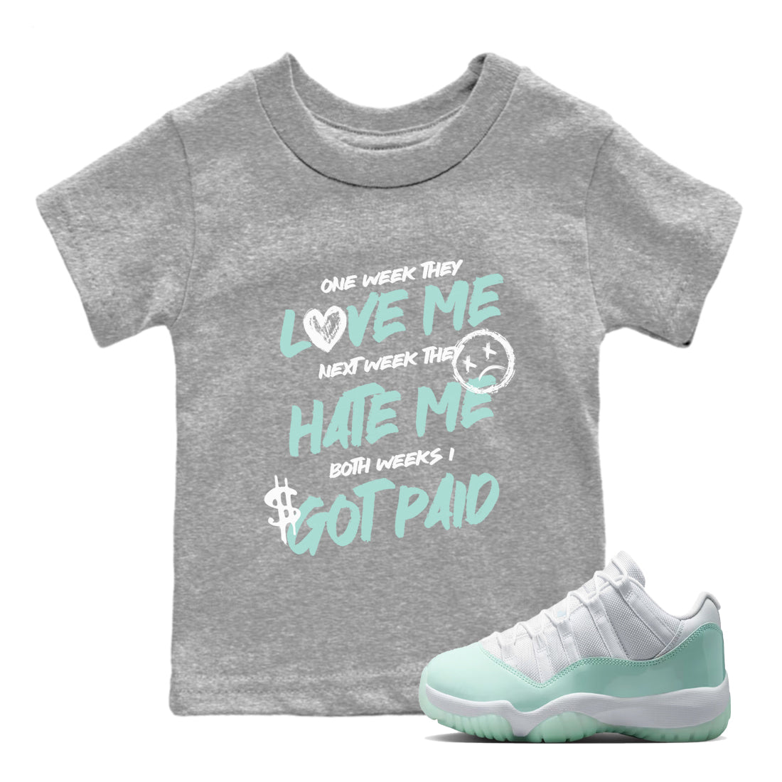 I Got Paid baby and kids t-shirt crafted for little sneakerheads to shine with the Air Jordan 12 Igloo sneakers, displayed in Heather Grey 1.