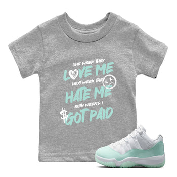 I Got Paid baby and kids t-shirt crafted for little sneakerheads to shine with the Air Jordan 12 Igloo sneakers, displayed in Heather Grey 1.