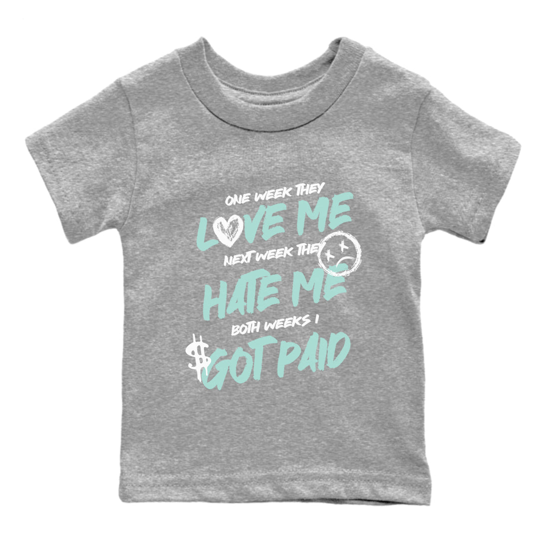 I Got Paid baby and kids t-shirt crafted for little sneakerheads to shine with the Air Jordan 12 Igloo sneakers, displayed in Heather Grey 2.