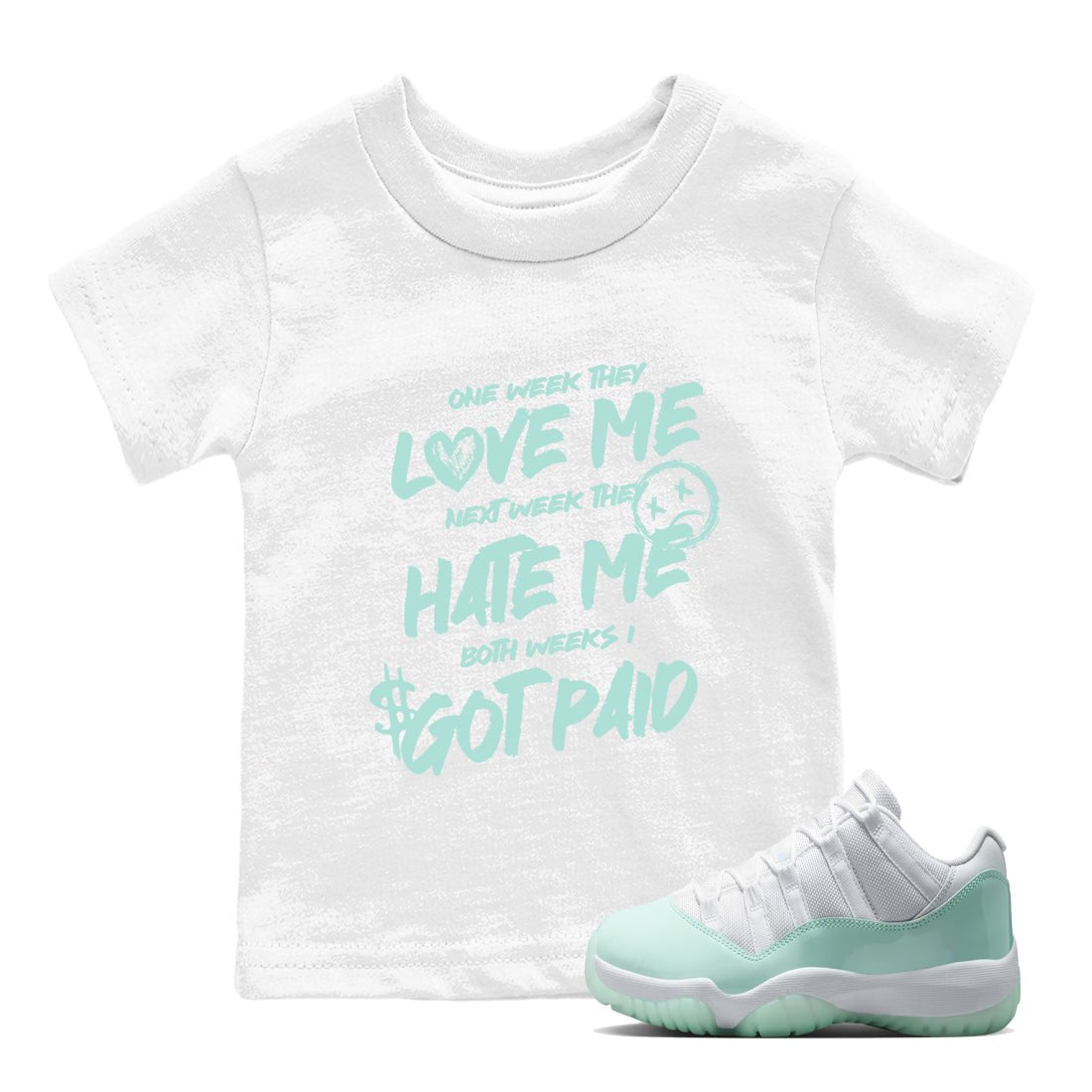 I Got Paid baby and kids t-shirt crafted for little sneakerheads to shine with the Air Jordan 12 Igloo sneakers, displayed in White 1.