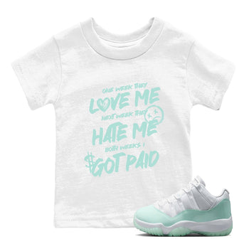I Got Paid baby and kids t-shirt crafted for little sneakerheads to shine with the Air Jordan 12 Igloo sneakers, displayed in White 1.
