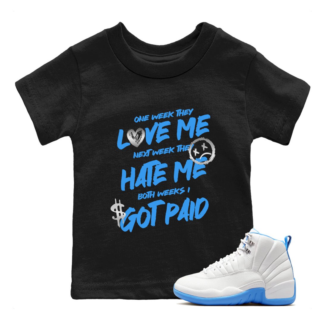 I Got Paid baby and kids t-shirt crafted for little sneakerheads to shine with the Air Jordan 12 White and University Blue sneakers, displayed in Black 1.