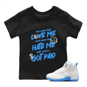I Got Paid baby and kids t-shirt crafted for little sneakerheads to shine with the Air Jordan 12 White and University Blue sneakers, displayed in Black 1.