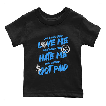 I Got Paid baby and kids t-shirt crafted for little sneakerheads to shine with the Air Jordan 12 White and University Blue sneakers, displayed in Black 2.