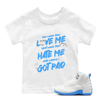 I Got Paid baby and kids t-shirt crafted for little sneakerheads to shine with the Air Jordan 12 White and University Blue sneakers, displayed in White 1.