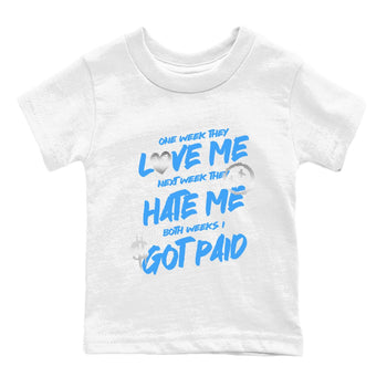 I Got Paid baby and kids t-shirt crafted for little sneakerheads to shine with the Air Jordan 12 White and University Blue sneakers, displayed in White 2.