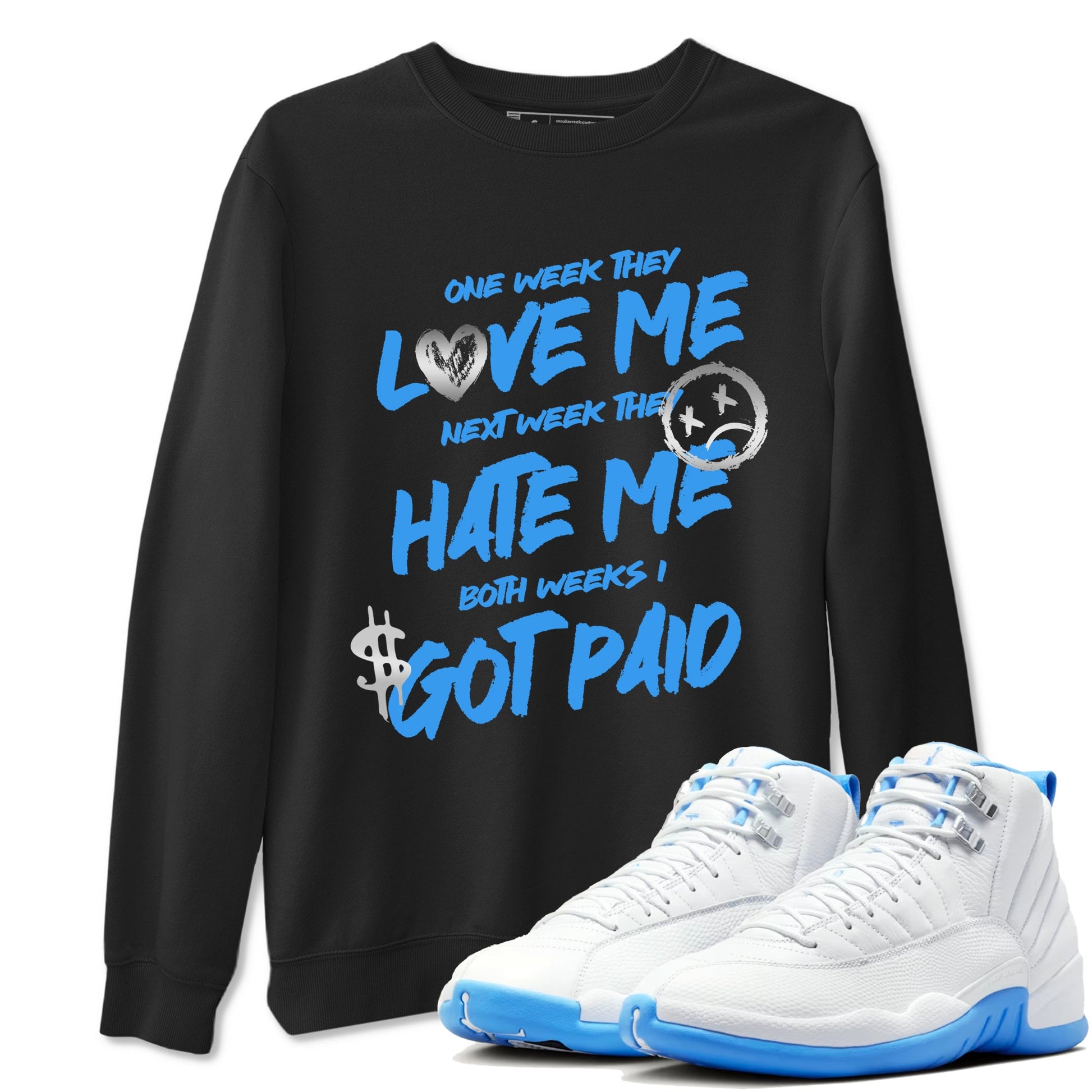 I Got Paid sneaker match t-shirt styled to complete your fit with the Air Jordan 12 White and University Blue sneakers, shown in Black 1.
