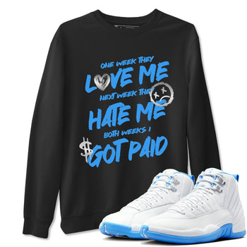 I Got Paid sneaker match t-shirt styled to complete your fit with the Air Jordan 12 White and University Blue sneakers, shown in Black 1.