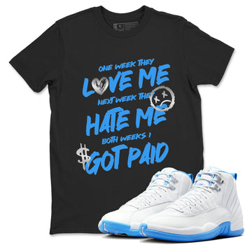 I Got Paid sneaker match t-shirt styled to complete your fit with the Air Jordan 12 White and University Blue sneakers, shown in Black 1.