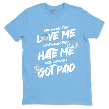 I Got Paid sneaker match t-shirt styled to complete your fit with the Air Jordan 12 White and University Blue sneakers, shown in Carolina Blue 2.